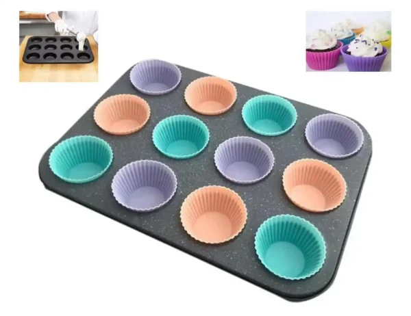 Charola para hornear cupcakes con12 capacillos de silicón