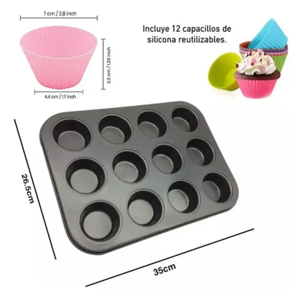 Charola para hornear cupcakes con12 capacillos de silicón - Image 7